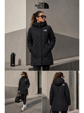 The North Face Women’s HyVent Long Hooded Parka Coat Black XS Plaid Lined